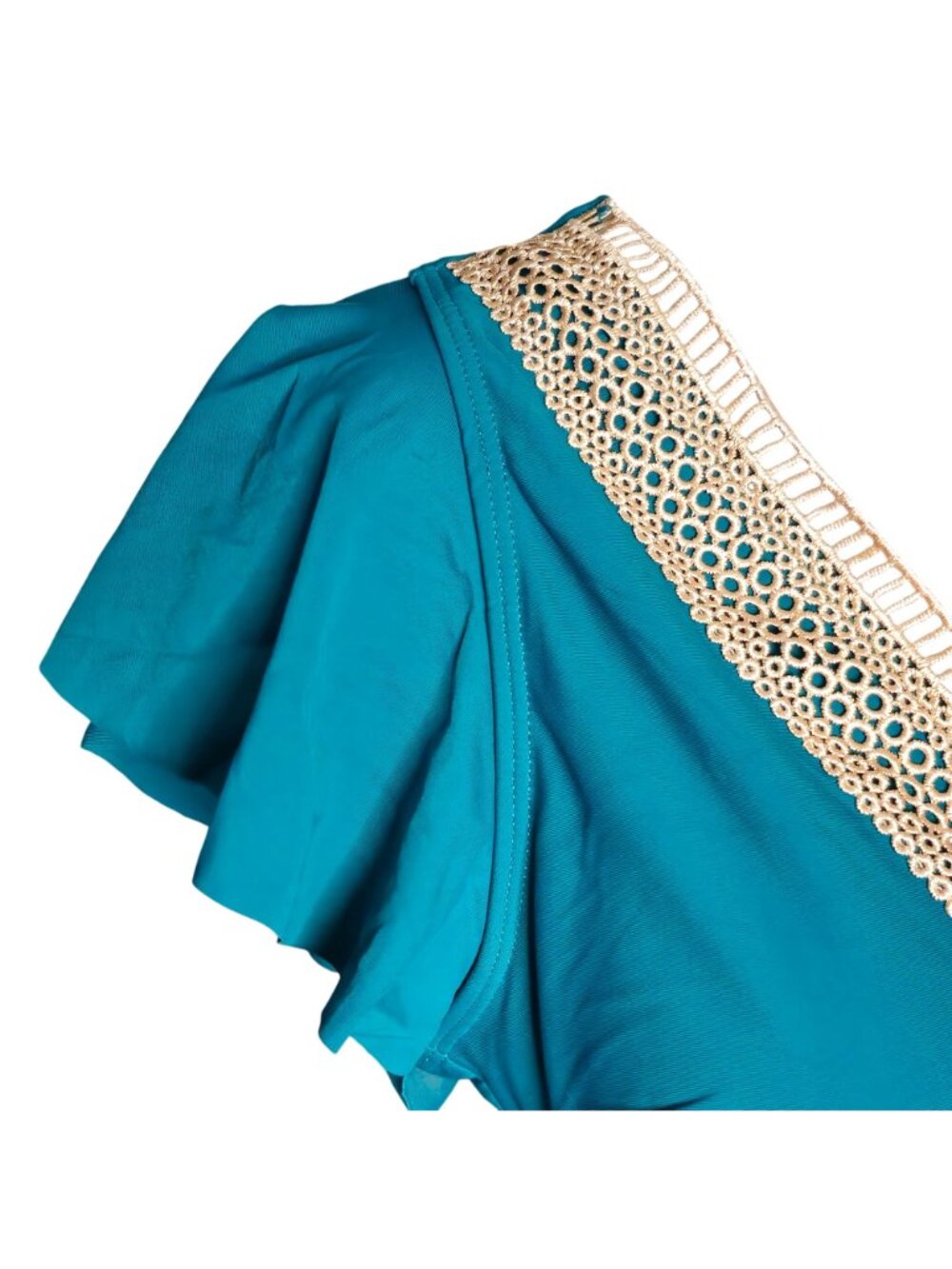 Teal Crochet Trim One Piece Swimsuit L Ruffle V Neck Tummy Control - Picture 3 of 8